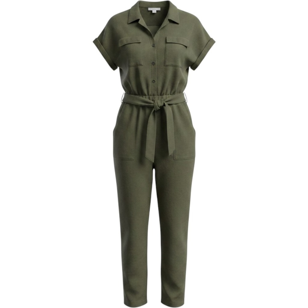 Japna Jumpsuit Womens M Olive Green Cotton Utility SS Button Front Belt
